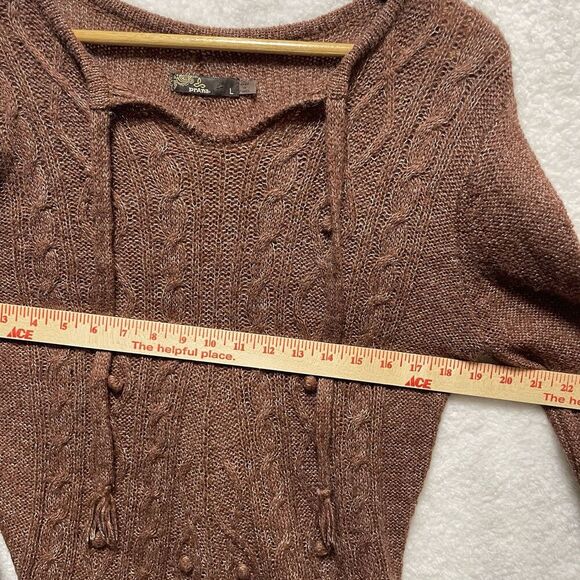 prAna Shelby Poncho Sweater Large Wool Knit Cable Fringe Boho Brown Red Rust - Picture 7 of 8